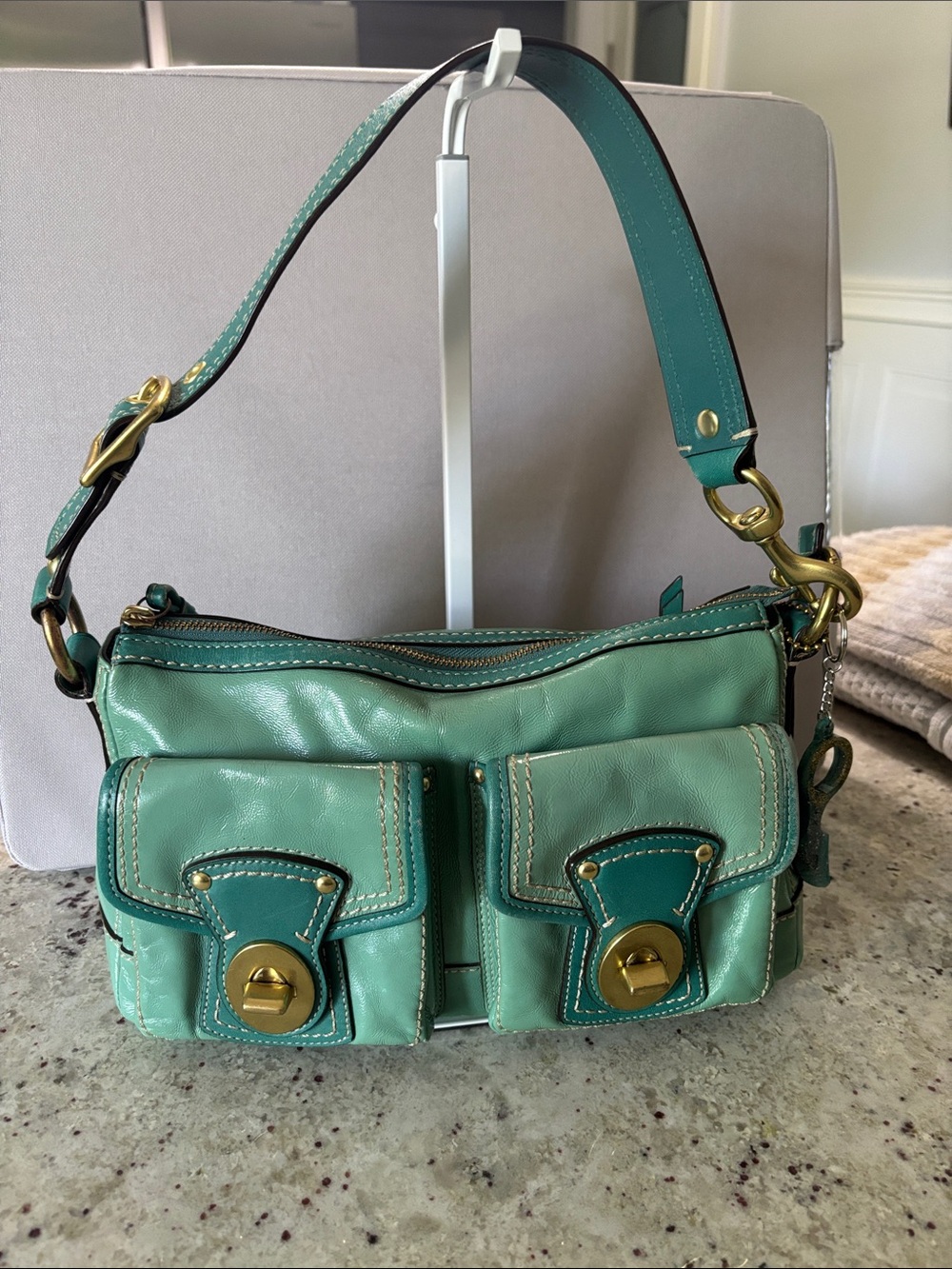 Coach Vintage Teal Leather Shoulder Bag with Front Pockets